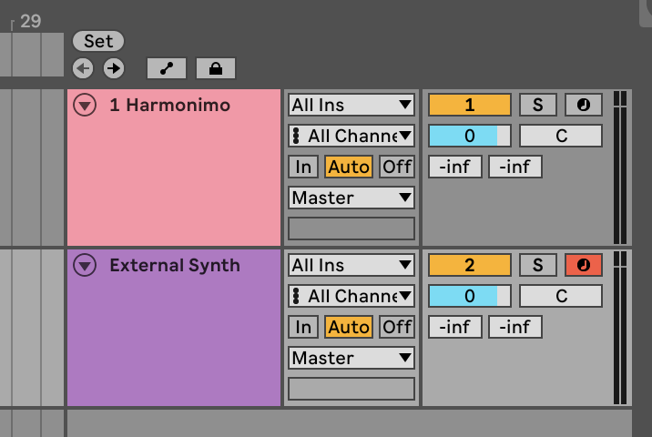 Ableton Live with a Harmonimo track and an armed external synth track