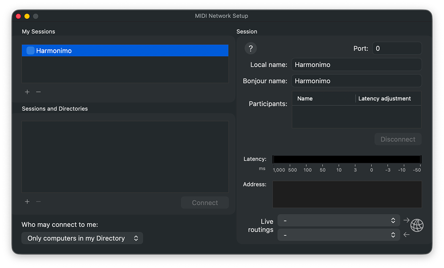 MIDI network session setup